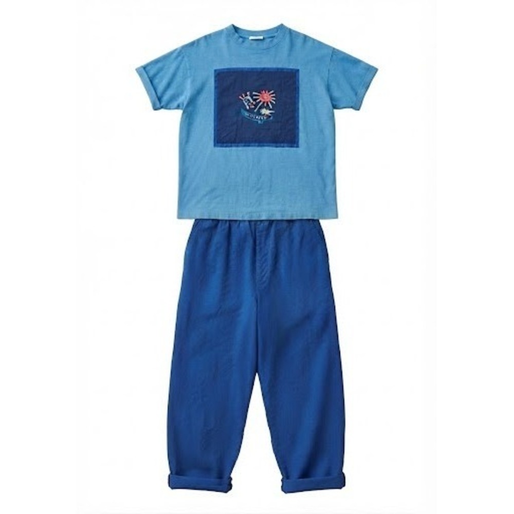 Johnny Was Blue 2 Piece Lounge Set Embroidered Cotton Tee Rayon Pants L Vintage